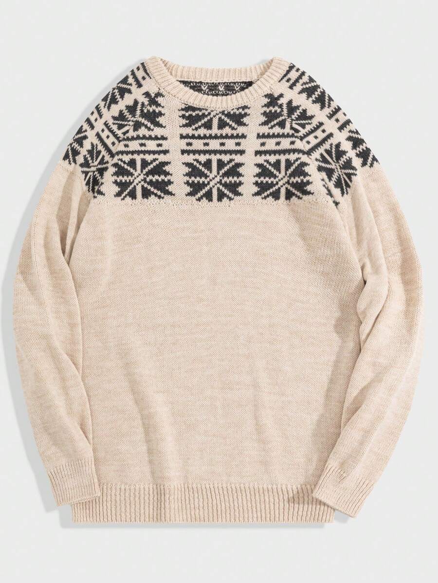 RueChic Casual Men Loose Fit Sweater With Snowflake Pattern And Collar - Beige - View 1