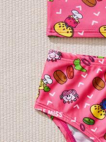 Mr Men Little Miss X SHEIN 年轻女孩针织休闲卡通和字母图案比基尼套装夏季海滩 - 彩色 - 查看 4
