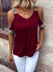 EMERY ROSE Camiseta de verano con hombros descubiertos, decoración de cuentas, y estampado gráfico, para mujer