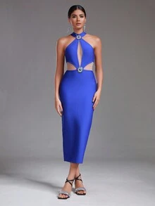 Modphy Women's Fashionable Sexy Backless Bodycon Long Hollow-Out Bandage Blue Celebrity Party Dress - Royal Blue - View 5