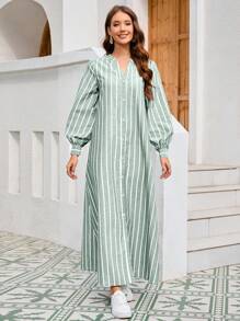 Mulvari Women Notch Neck Striped Print Casual Arabic Style Dress For Daily Wear