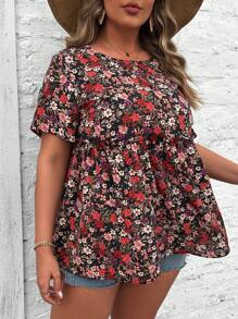 SHEIN VCAY Plus Size Women Summer Holiday Style Floral Print Loose Fit Short Sleeve Shirt With Round Neckline