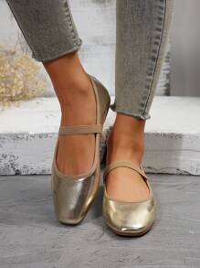 Zapatos planos de color champagne para mujeres con punta cuadrada y banda elástica para todas las estaciones