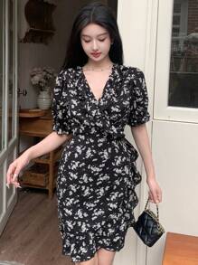 DAZY Women Short Floral Wrap Summer Dress Sundress Vacation Outfits Women Easter - Black - View 7