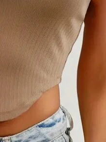 INAWLY Women Solid Color Tight Curved Hem Cropped Tank Top