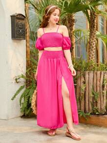 SHEIN Teen Girl Solid Color 2-Piece Set Of Cold Shoulder Shirred Top And Skirt