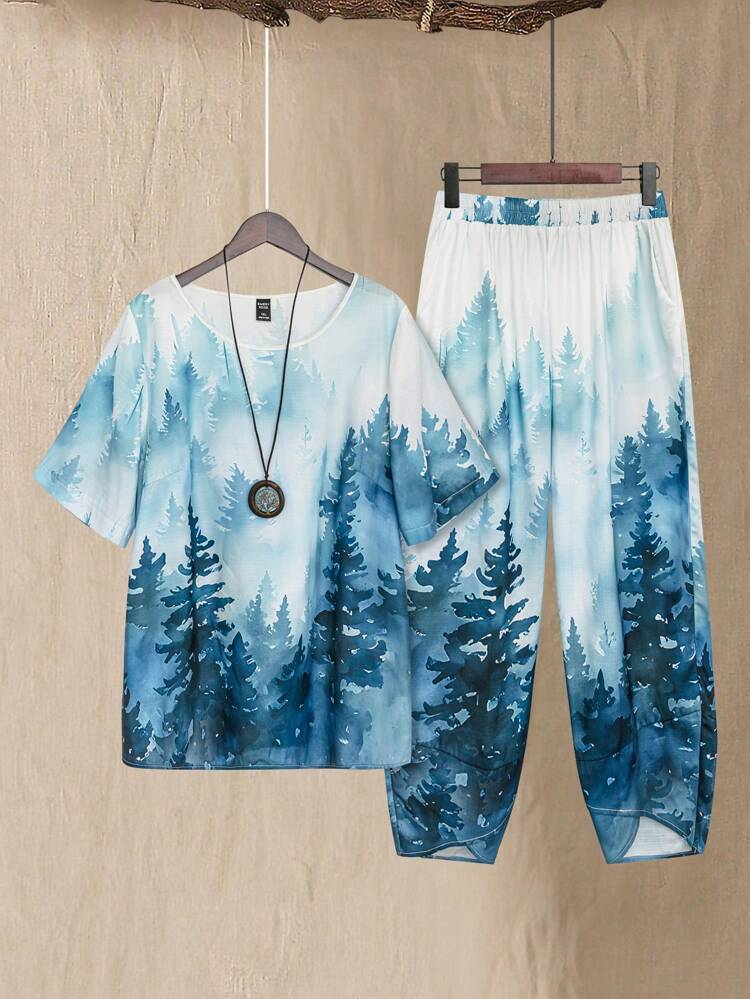 Plus Size Women Blue Short Sleeve Shirt And Printed Pants Summer Outfit Set