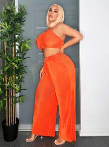 SHEIN SXY Plus Size Kỳ nghỉ Quần cạp cao xếp ly xoắn nút ống rộng - trái cam - Xem 5