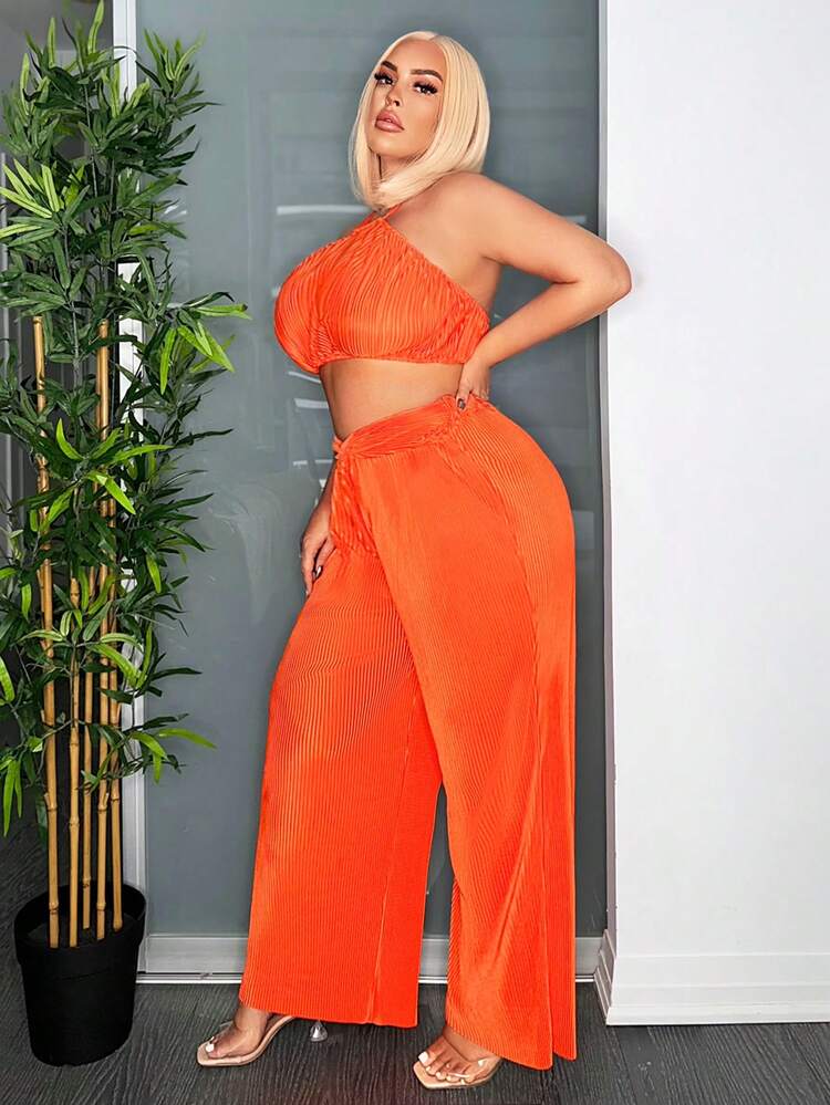 Plus Size Vacation High Waist Pleated Twist Knot Wide Leg Pants