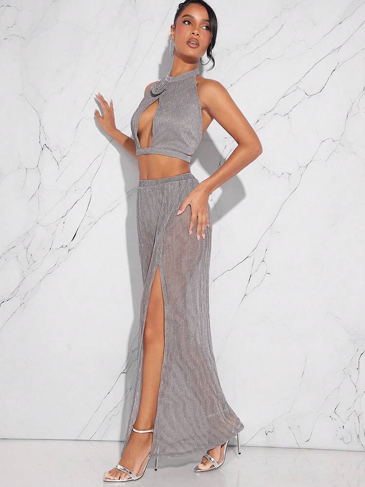 Plisse Halter Top & Split Skirt Two Piece Set