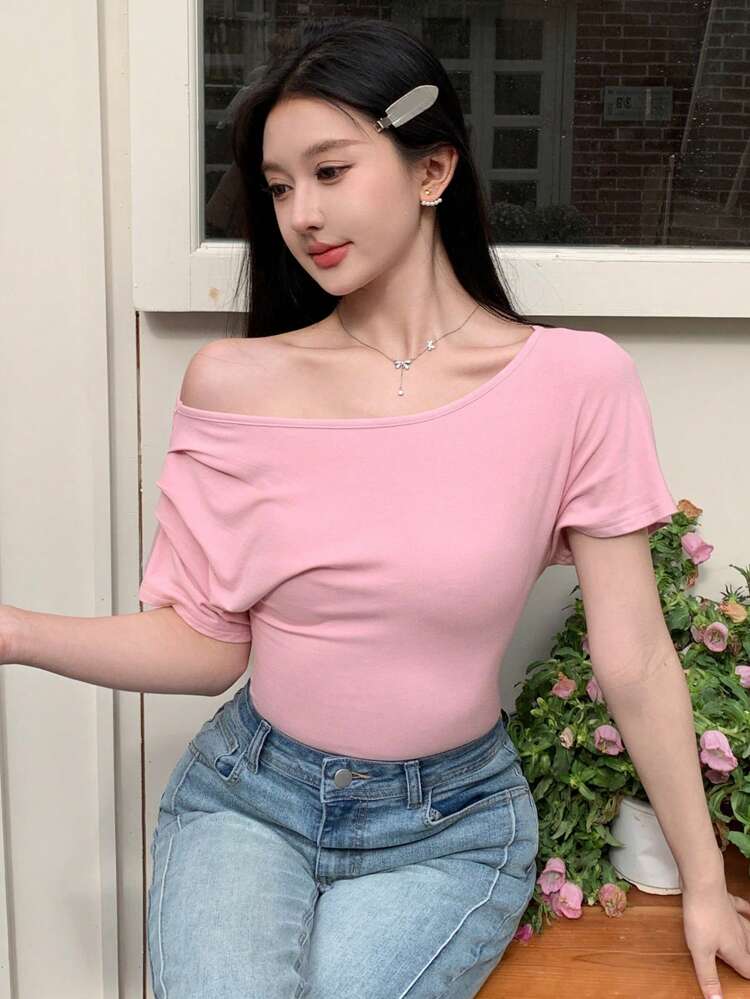 Ladies' Open Shoulder Solid Color Short Sleeve T-Shirt, Summer Going Out Tops Women