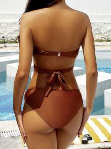 SHEIN Swim Women Solid Color Strapless Cut-Out Bra & Swim Bottom Bikini Set Separated Bikini Set Bathing Suit For Summer Beach - Brown - View 2