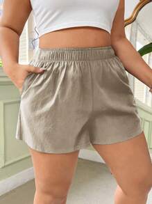 SHEIN EZwear Pantalones cortos de lino de cintura elástica de unicolor y talla grande