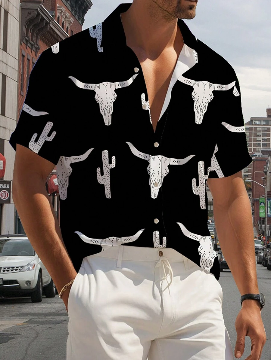 Manfinity Dauomo Men Cactus And Cow Print Casual Spring Summer Short-Sleeved Shirt - Multicolor - View 1