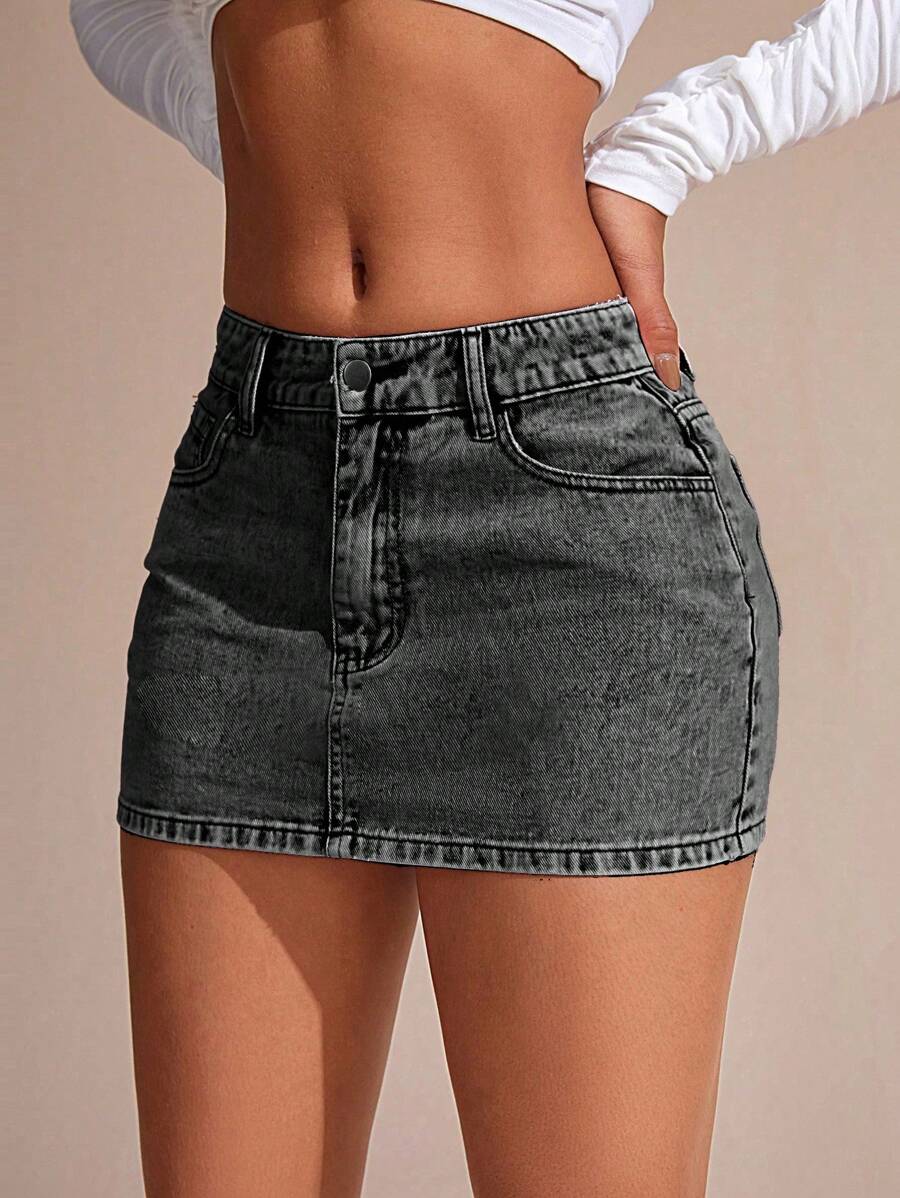 SHEIN BAE Women Denim Skirts Tombol Kantong Zip Plain - Dark Grey - View 1