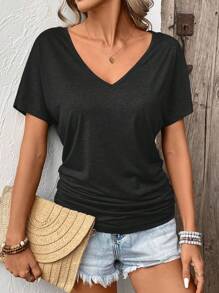SHEIN Frenchy Women Batwing Short Sleeve Pleated T-Shirt, Summer Holiday Tee