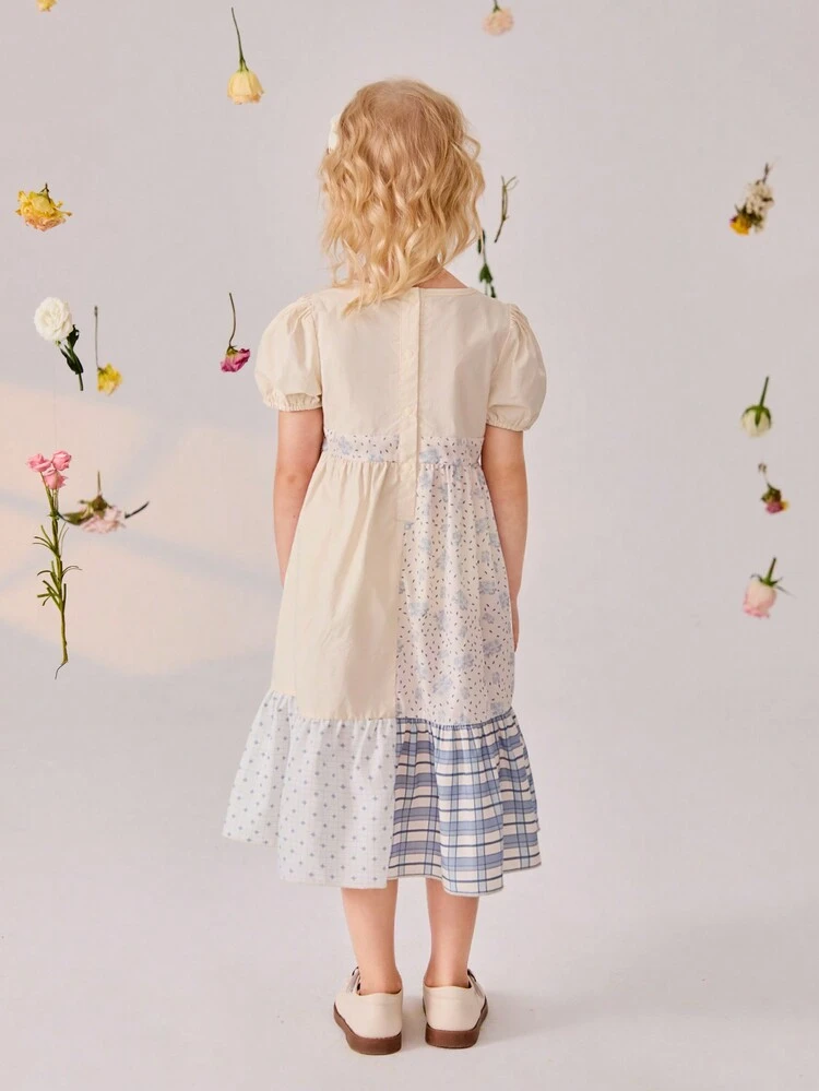 New Summer Young Girls' Floral Patchwork Diamond Plaid Print Mid-Length Dress