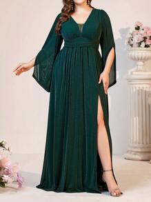 SHEIN Belle Dark Green Plus Size Bridesmaid Dress,Spring Formal Elegant Evening Deep V-Neck High Side Split Dramatic Puff Sleeve Prom Wedding Guest Gown,Dinner - Dark Green - View 4