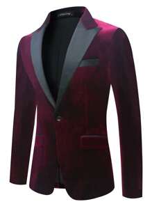 I FineLong Chaqueta de traje de terciopelo para hombre con cuello de traje para banquetes, con contraste de color a juego - Burdeos - Ver 1