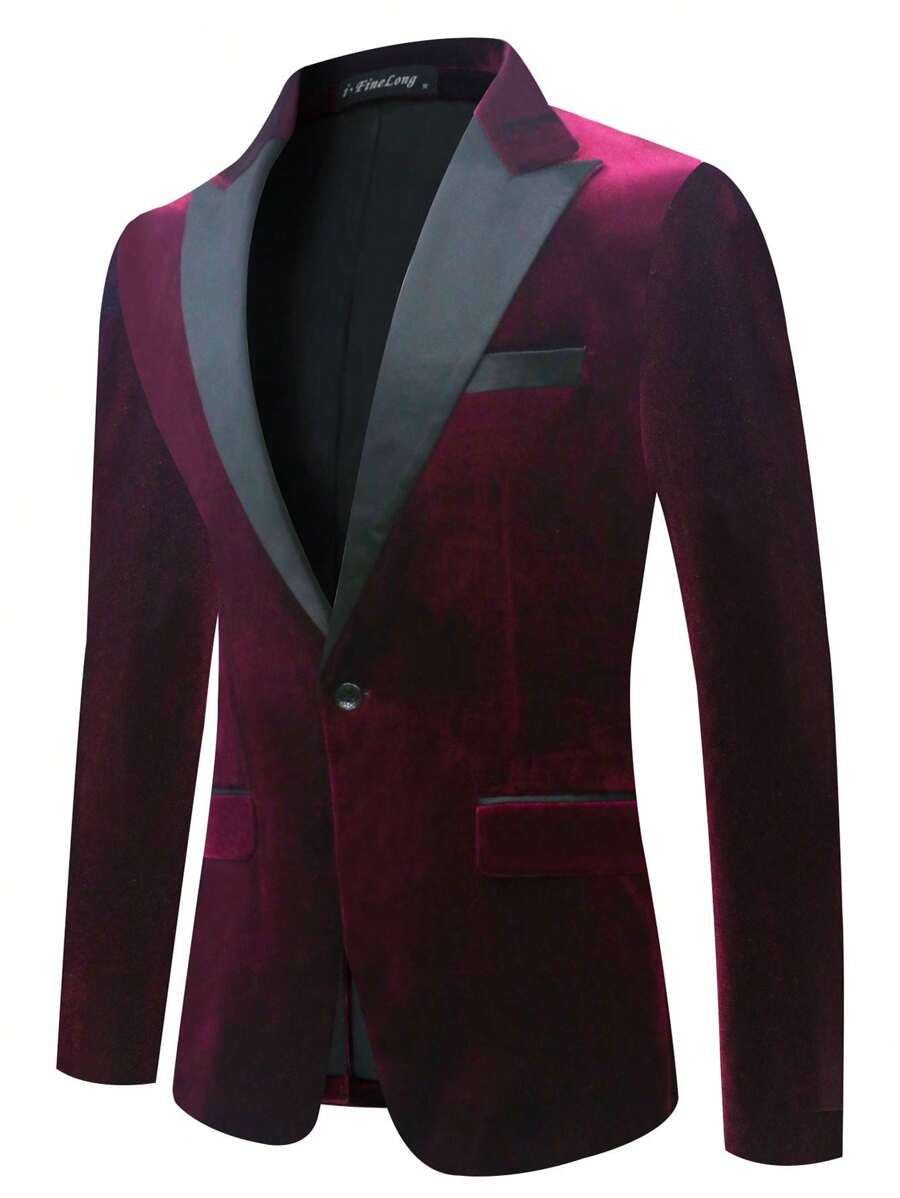 I FineLong Chaqueta de traje de terciopelo para hombre con cuello de traje para banquetes, con contraste de color a juego - Burdeos - Ver 1