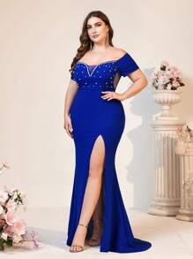 SHEIN Belle Vestido formal de cena, graduación, boda o evento para talla grande, de un solo hombro, escote en V pequeño, manga corta, cintura alta, corte sirena, color azul eléctrico elegante - Azul - Ver 1