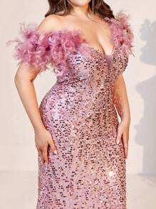 SHEIN Belle Plus Size Elegant Romantic Sequins Feather Shoulder Decor Women Evening Party Gown (Heavy Duty) (The Shoulder Feathers Are Fake, Made Of Feathers) Formal Prom Wedding Guest Dress, For Graduation, Dinner