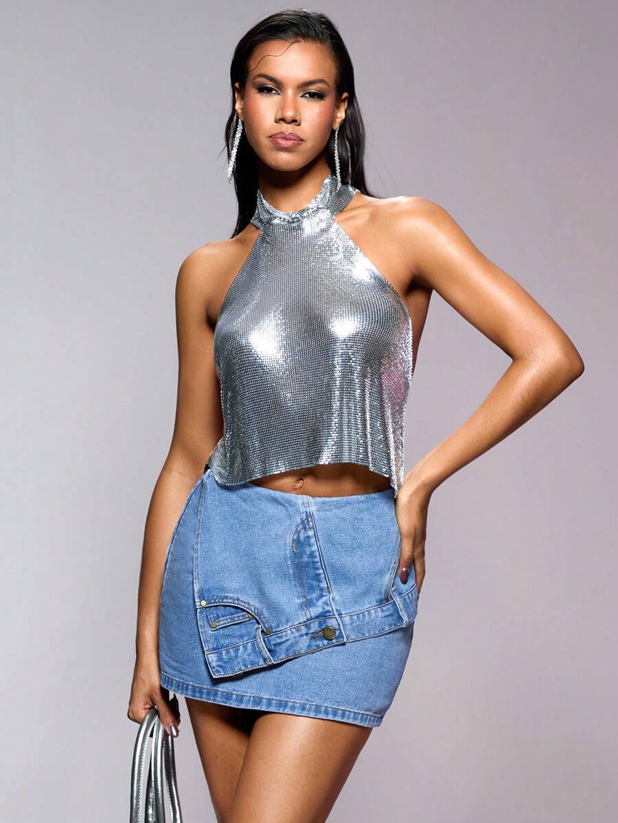 SHEIN BAE Music Festival Sexy Party Asymmetrical Denim Skirt - Blue - View 1
