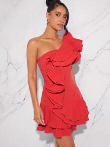 L'Amorae Fall Women Clothes, Red Elegant Exaggerated Ruffle One Shoulder Sleeveless Mini Dress, Formal Dress, Date Night, Concerts, Performances, Music Festivals, Party
