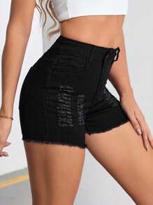Quần short denim nữ Túi Hem thô Bị tách Dây kéo màu trơn - màu đen - Xem 5