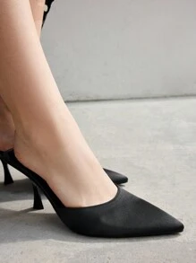 Women's Pointed Toe Thin Heel Mules With Covered Toe Cavity, Simple & Fashionable Style - Black - View 4