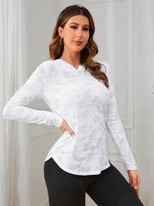 SHEIN Sport Studio Camo Print Curved Hem Sports Hoodie Fall Long Sleeve Sweatshirt