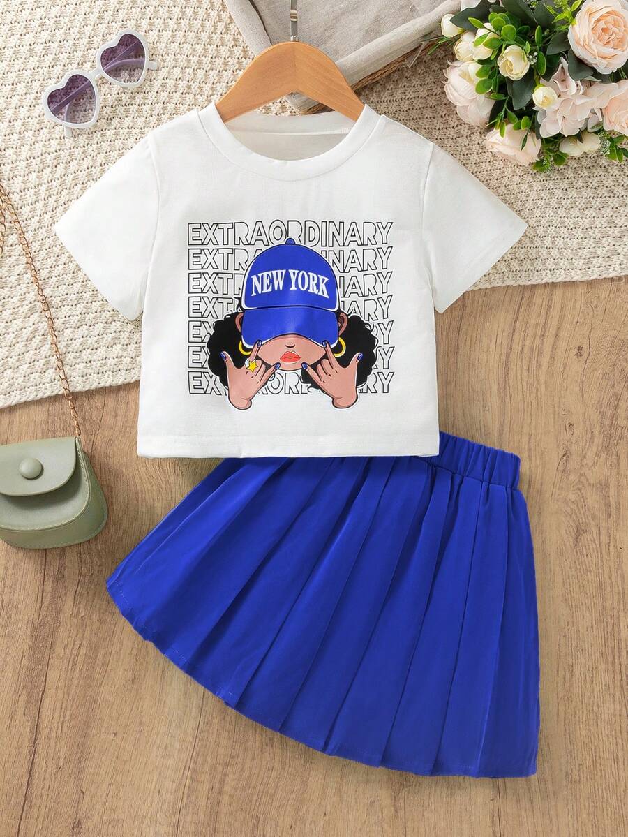 SHEIN 少女卡通人物和字母印花短袖T恤和百褶裙套裝 - 藍色 - 查看 1