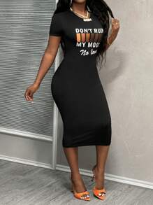 Slaydiva Casual Summer Black Don't Ruin My Mood Printed Round Neck Short Sleeve Bodycon Long Dress