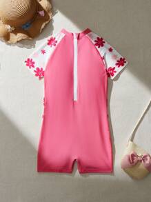 THE POWERPUFF GIRLS X SHEIN 少女可愛粉色花卉印花拉甘袖短褲連身游泳衣，適用於休閒穿著 - 彩色 - 查看 2