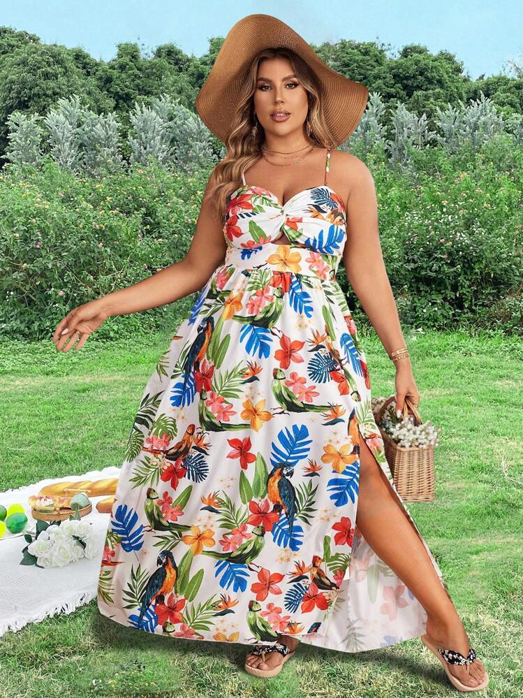 SHEIN Holidaya Vestido Cami Estampado Con Plantas Tropicales Para Mujer De Talla Grande Con Dobladillo De Abertura - Multicolor - Ver 1