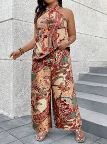 Breezaya Set de dos piezas de talla grande estilo veraniego con holgura, con top de halter con estampado de paisley y pantalones de pierna ancha - Multicolor - Ver 3