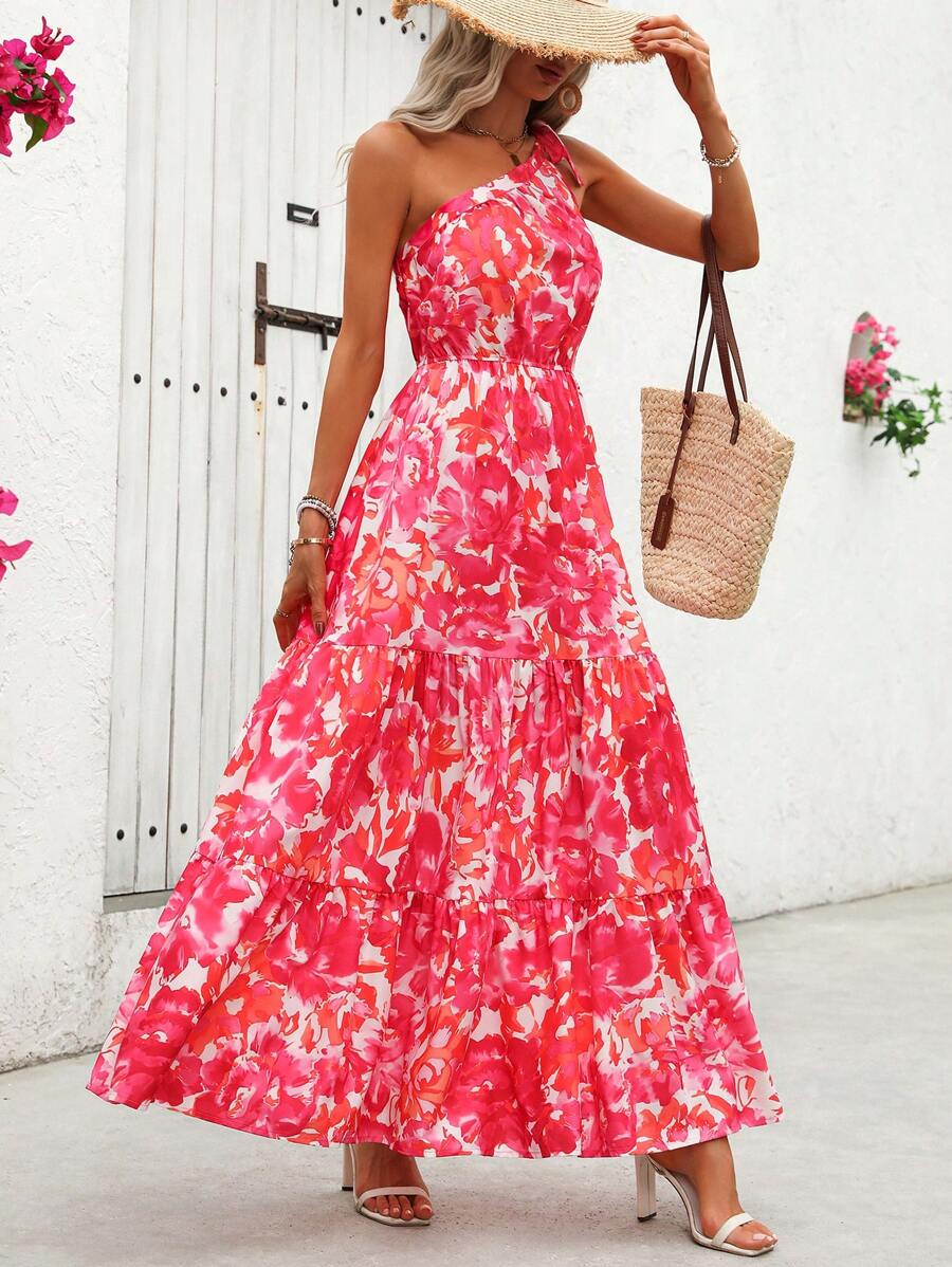 Breezaya 女士夏季度假风格花卉印花单肩无袖荷叶边下摆长裙新年衣服超长度假海滩装 - 紅色 - 查看 1