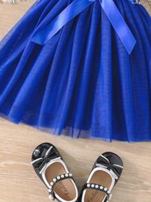 SHEIN Glamorique Kids Young Girl Elegant Flutter Sleeve Floral Print Dress With Belted Suitable For Vacation, Summer - Royal Blue - View 6