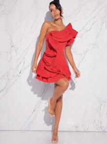 L'Amorae Fall Women Clothes, Red Elegant Exaggerated Ruffle One Shoulder Sleeveless Mini Dress, Formal Dress, Date Night, Concerts, Performances, Music Festivals, Party