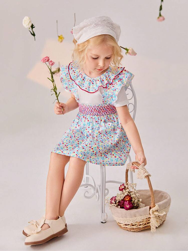 Young Girl Summer Casual Cotton Short Sleeve Floral Overall Dress Set With Ruffle Collar