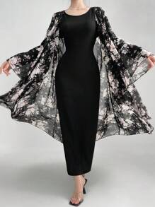 Modelyn Women Floral Print Bell Sleeve Coat And Solid Color Slim Long Dress Two-Piece Set For Spring/Autumn 2 Pieces Set
