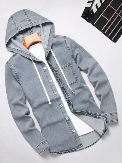 Manfinity Homme Casual Men Hooded Denim Shirt For Daily Wear And Easy Matching Oversize Long Sleeve Jean Button Up Cotton Plain Light Grey Shirt, Going Out Going Out Hang Out Street Urban Vacation, For Fall