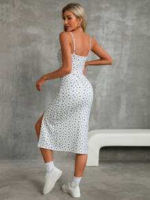 SHEIN Essnce 女士花卉印花細肩帶高開叉連衣裙 - 藍白色 - 查看 2