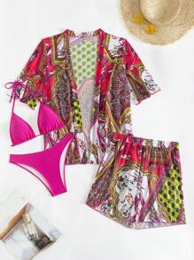 SHEIN Swim Women's Random Patchwork Printed Bikini Set, 4pcs Summer Beach - Multicolor - View 4