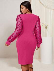 SHEIN Clasi Đầm ôm body cổ chữ V lưới tương phản mùa xuân cỡ lớn - Màu Hồng Tươi - Xem 2