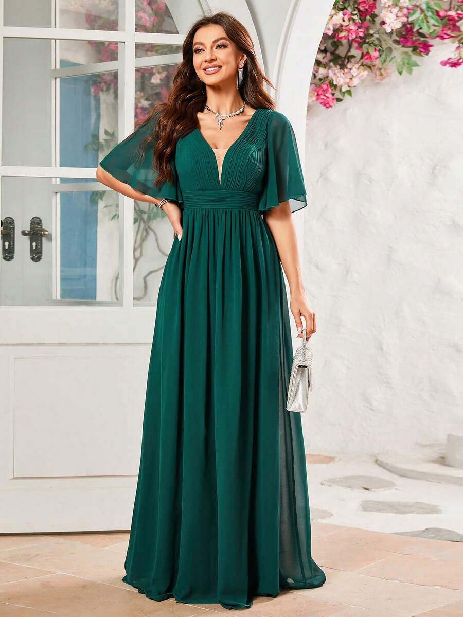 Robe De Demoiselle D'honneur Avec Design De Mousseline Plissée Et Bande De Taille - Vert sapin - Voir 1