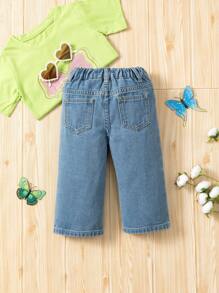 Baby Girl Light Wash Blue Loose Denim Pants With Bear Print - Light Wash - View 2