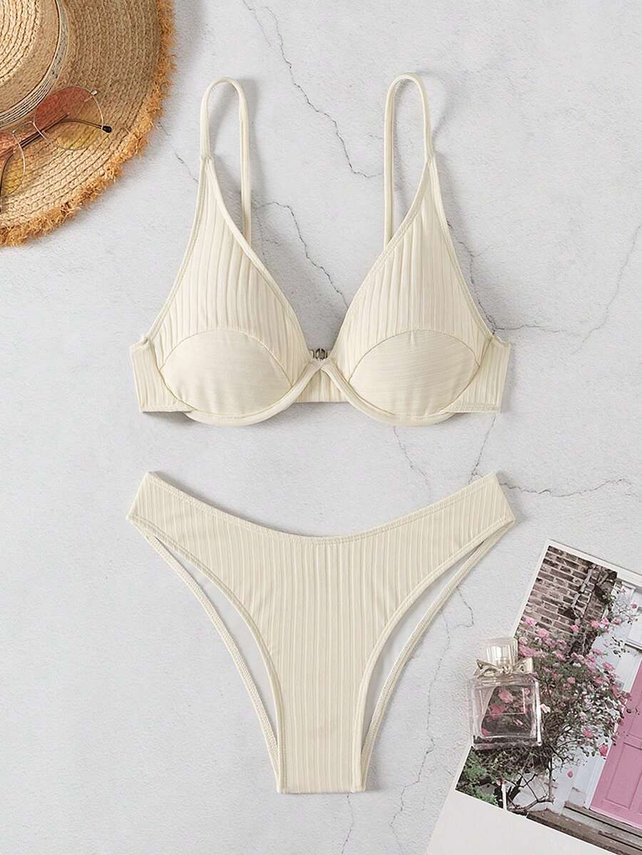 SHEIN Swim Summer Beach Women Fashionable Solid Color Bikini Set - Apricot - View 1