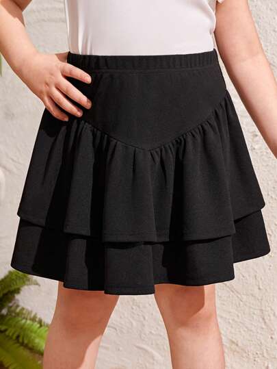 SHEIN Tween Girl Extended Size Casual Double Layered Ruffle Hem Mini Skirt