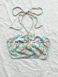 Soleia WYWH 女士薄荷蓝色花卉印花露背前镂空交叉系带波西米亚风度假音乐节夏季吊带背心 - 彩色 - 查看 2